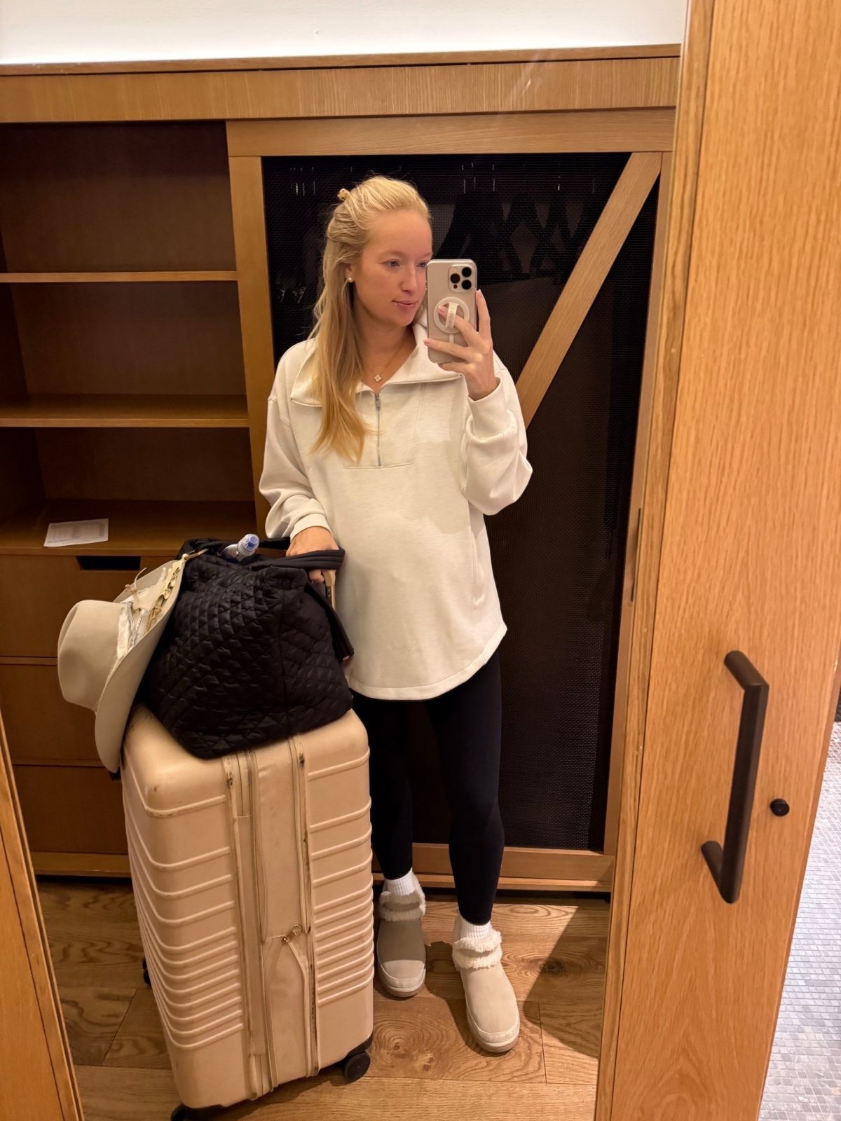 comfy travel outfit, leggings outfit, travel essentials, mz wallace metro tote for travel, beis luggage