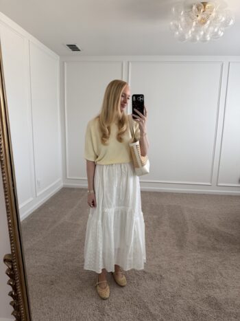 spring work outfit idea styling a white maxi skirt