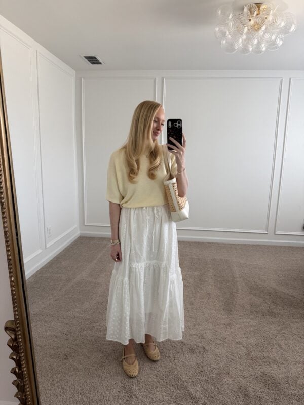 spring work outfit idea styling a white maxi skirt